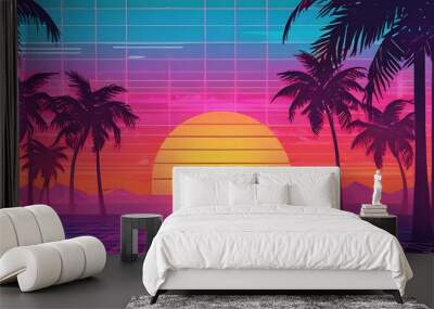 Nostalgic Retro Vaporwave Aesthetic with Neon Colors and Retro-futuristic Elements, Evoking a Sense of Vintage Digital Art and Music Culture Wall mural