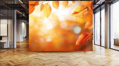 Autumn background with a close up of maple leaves on a blurred bokeh Wall mural