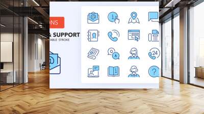 Line icons about contact and support. Contains such icons as customer service, information, call center and more. 256x256 Pixel Perfect editable in two colors Wall mural