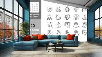 Navigation and location, thin line icon set 1/2. Outline symbol collection. Editable vector stroke. 64 and 256 Pixel Perfect scalable to 128px Wall mural