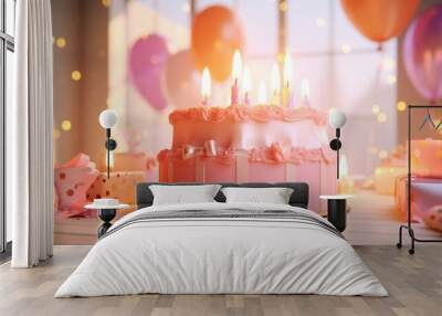 a birthday cake is displayed with lit candles on top Wall mural