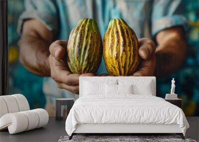 A farmer holds ripe cacao pods showcasing vibrant colors in a rustic environment Wall mural