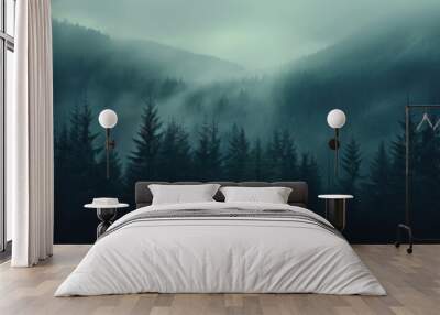 a foggy forest in the fog, Wall mural