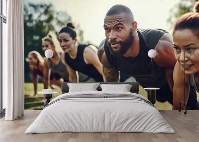 A group of people doing a bootcamp-style workout together, with a trainer leading the way Wall mural