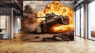 a military tank explode from the top of a hill Wall mural