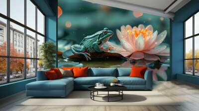 A small bright green frog sits on a water lily leaf in a forest pond Wall mural