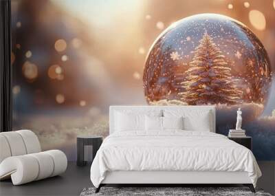 A snowy scene featuring a Christmas tree inside a glass globe with a soft warm glow Wall mural