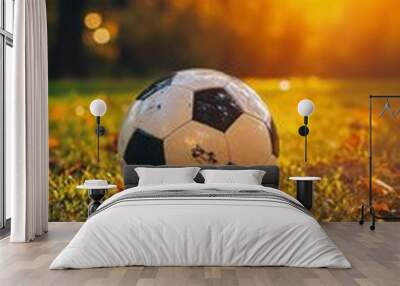 A soccer ball rests on colorful leaves as sunlight creates a warm golden atmosphere Wall mural