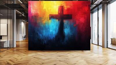 A vibrant sunset backdrop highlights a silhouette of a cross symbolizing hope and faith Wall mural