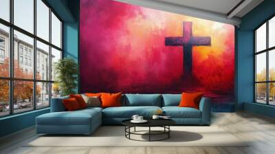 A vibrant sunset backdrop highlights a silhouette of a cross symbolizing hope and faith Wall mural