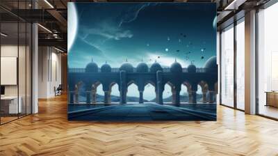 an islamic mosque at moon and stars in the night Wall mural