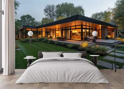 beautiful evening lighting of a modern cottage with landscape design Wall mural