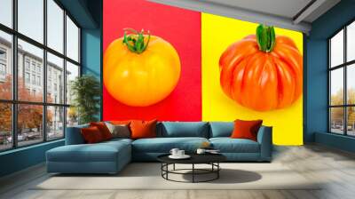 Bright background with tomatoes on red and yellow background. Wall mural