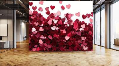 Colorful confetti hearts falling on a white background for festive celebrations and decorations Wall mural