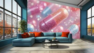 Colorful glittery capsules floating among sparkles in a creative background setting Wall mural