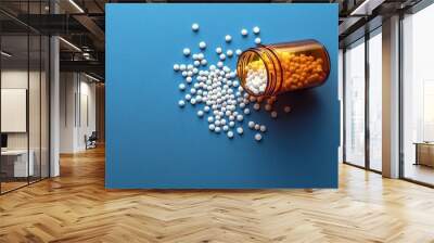 Colorful homeopathic pellets spilled from an amber bottle on a blue background Wall mural