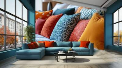 Cozy seating area with colorful cushions and vibrant textiles in a stylish living room setting Wall mural