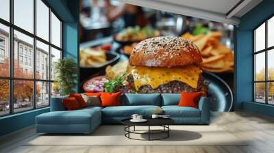 Delicious cheeseburger served with fresh salad and sides at a cozy restaurant during dinner time Wall mural