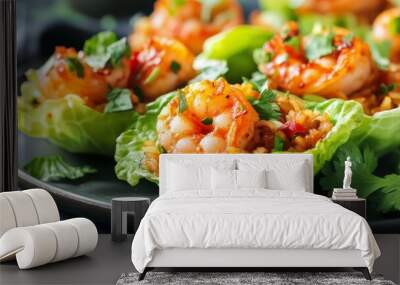 Delicious shrimp lettuce wraps with rice and fresh herbs served on a elegant platter Wall mural