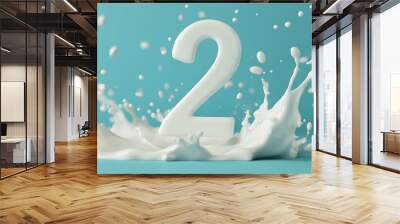 Dynamic splash of milk around white number two on a vibrant blue background Wall mural