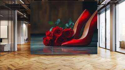 Elegant red heels beside beautiful red roses on a wooden floor during soft indoor lighting Wall mural