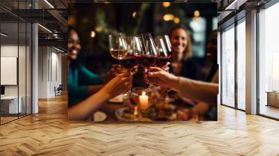 female friends toasting wine glasses during a gathering at the dinner table Wall mural