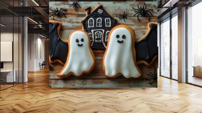 Festive Halloween cookies featuring ghosts, bats, and a spooky house decoration Wall mural