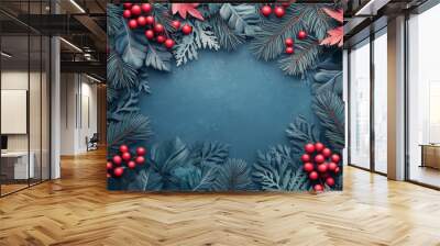 Festive holiday gift arrangement with pine branches against a warm yellow background Wall mural