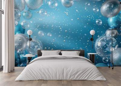 Festive minimalistic blue background with silver and transparent balloons and a lot of free space in the center Wall mural