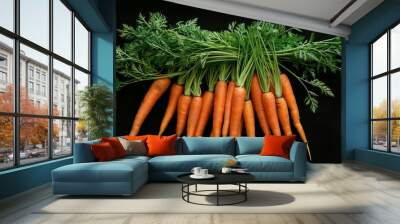 Fresh Orange Carrots With Green Tops On Black Background Wall mural