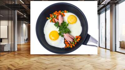 Fried eggs with sausage and vegetables in frying pan on white ba Wall mural