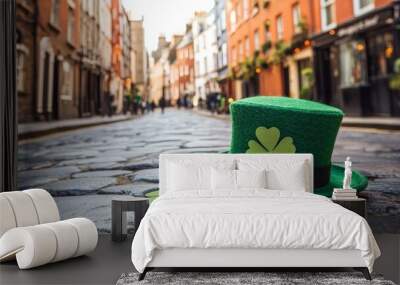 Green hats with shamrocks adorn a railing in a vibrant urban setting during a festive celebration Wall mural