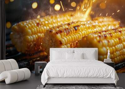 Grilling fresh corn on the cob during a summer barbecue at sunset with flames and smoke Wall mural