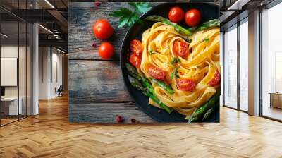 Heart-shaped pasta arrangement with fresh tomatoes and asparagus on rustic wooden table Wall mural