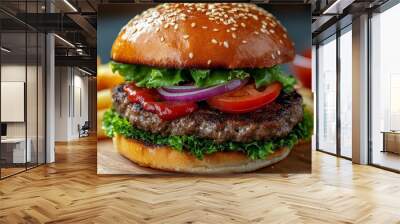 Juicy cheeseburger with fresh toppings and fries served at a diner during lunchtime Wall mural