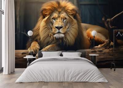 lion laying down on a log, Wall mural