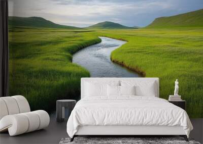 Lush green meadow with a flowing stream under a bright blue sky on a sunny day Wall mural