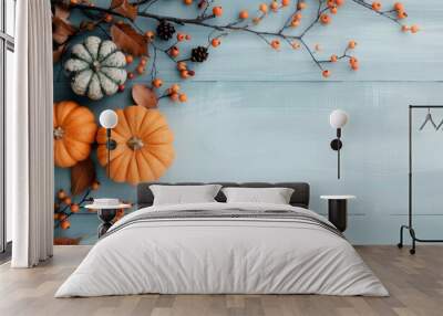 Pumpkins and Berries on Blue Wood Wall mural