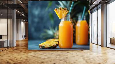 Refreshing tropical pineapple juice served in bottles with decorative straws and fruit garnishes Wall mural