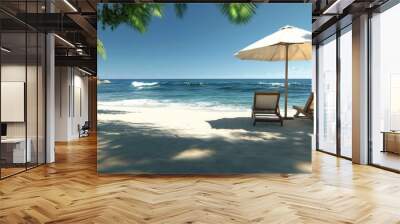 Relaxing beach chairs under an umbrella by the serene ocean on a sunny day Wall mural