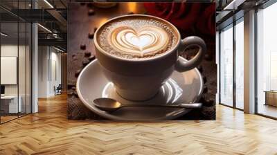 roasted coffee with heart w steam, on table top Wall mural