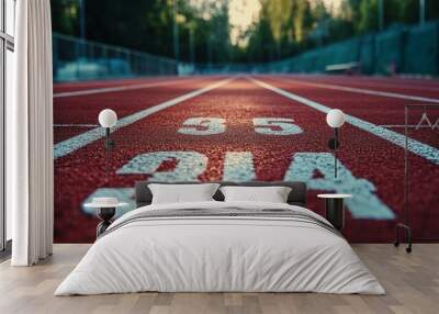 Runner on a track during sunset with a blurred focus on numbered lane markings and nature Wall mural