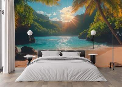 Serene tropical beach with palm trees and bright sun shining over the water at midday Wall mural