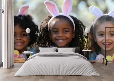 Three children with bunny ears joyfully holding Easter baskets filled with colorful eggs outdoors Wall mural