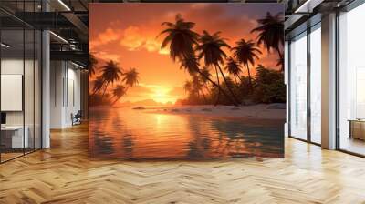 Tropical Palm Sunset Background. Illustration AI Generative. Wall mural