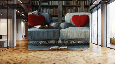 two chairs with an open book on them and a red heart pillow Wall mural