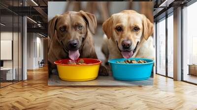 two happy dogs happily eat their food from colorful bowls Wall mural