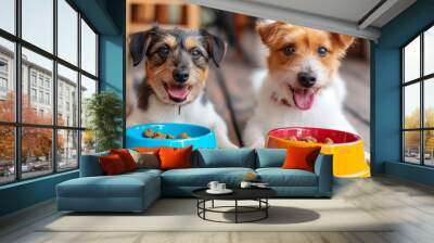 two happy dogs happily eat their food from colorful bowls Wall mural