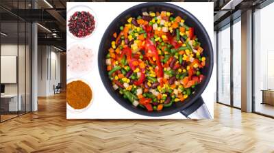 Vegetable mixed with beans and corn in frying pan,top view, isolated on white Wall mural