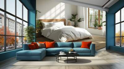 White Bed in Sunny Bedroom Wall mural